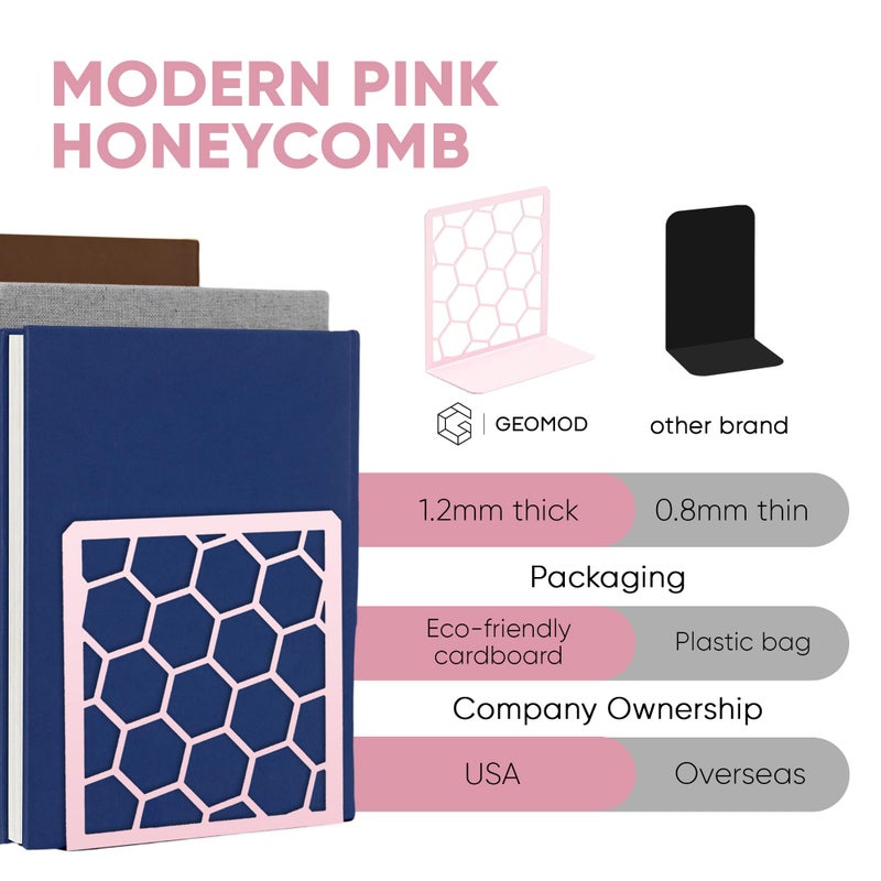 GEOMOD Geometric Honeycomb Pink Metal Bookends Decorative - Tall Sturdy Book Ends for Shelves - Modern Heavy Duty Bookend Stopper - Office or Home Book Shelf Book Holder - 6x3.25x6.25 Inches - 1 Pair - Image 4